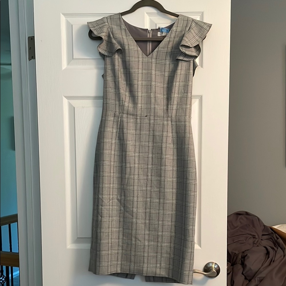 Tahari ASL Gray Sheath Dress with Flutter Sleeves